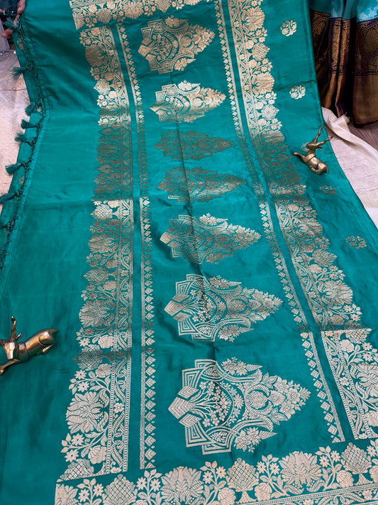 Banarasi Satin Mushru Silk Saree with Small Butta | Green