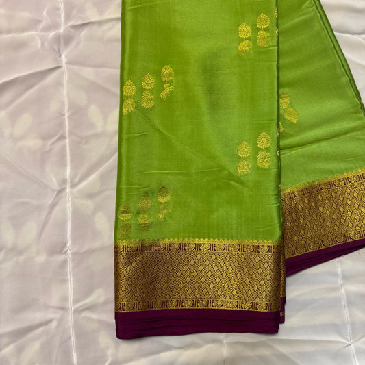Pure Crepe Mysore Silk Saree | Peacock, elephant, horse Butta | Mehendi Green
