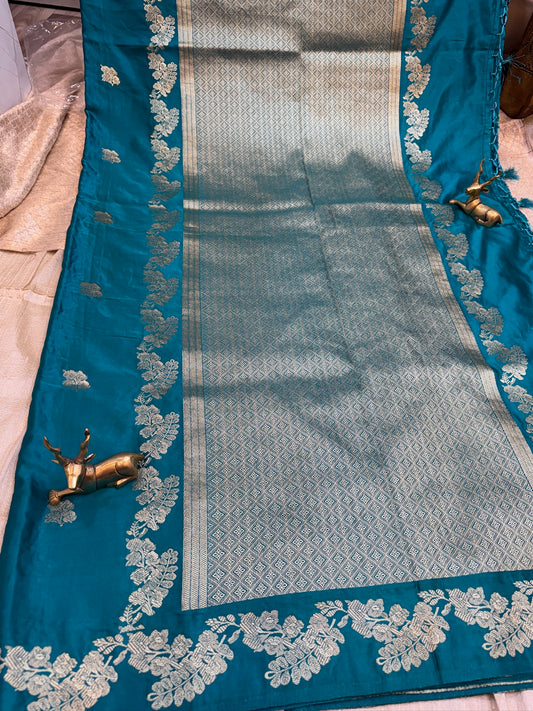 Banarasi Satin Mushru Silk Saree with Small Butta | Blue