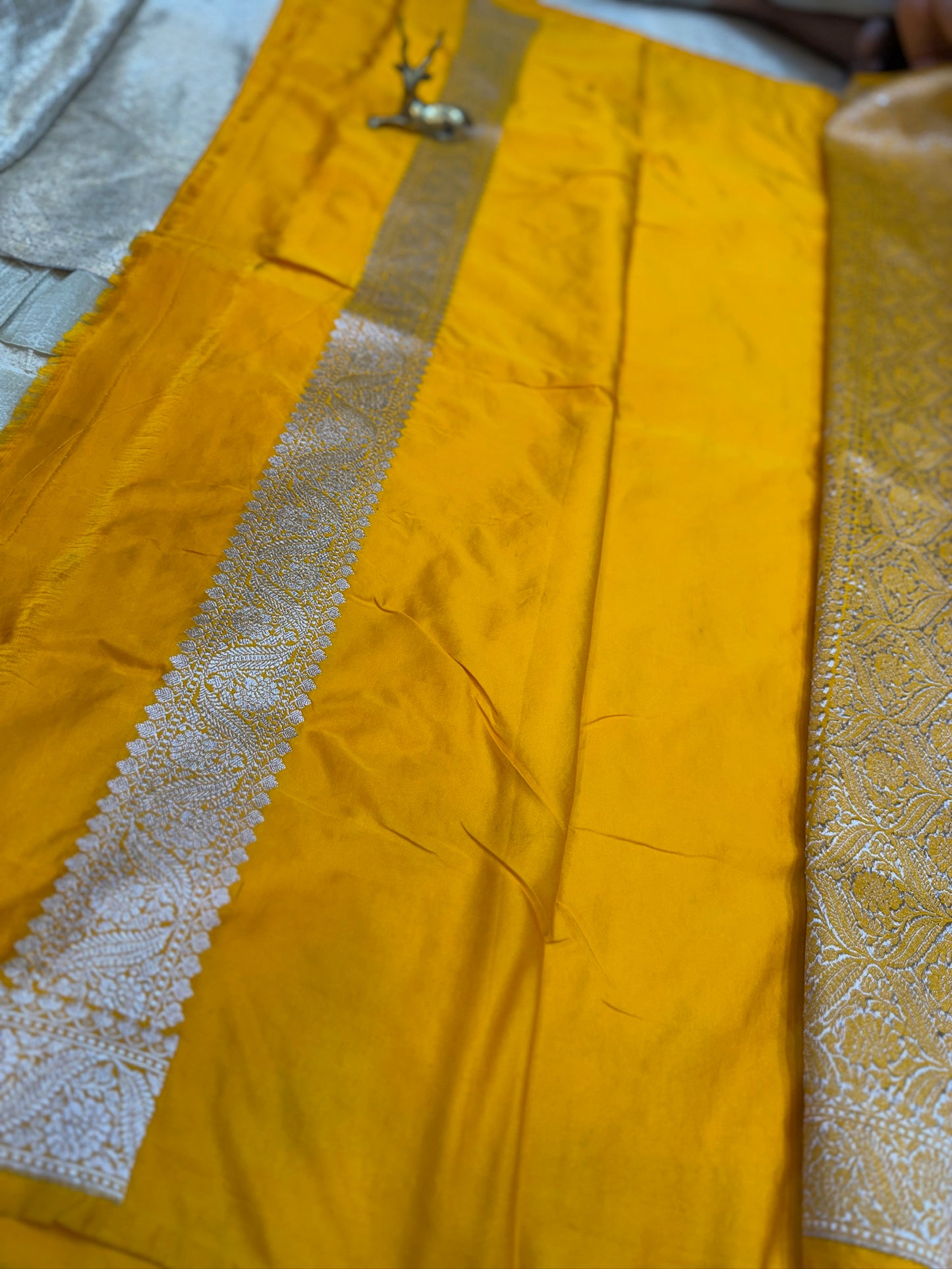 Banarasi Satin Mushru Silk Saree with small butta | Yellow