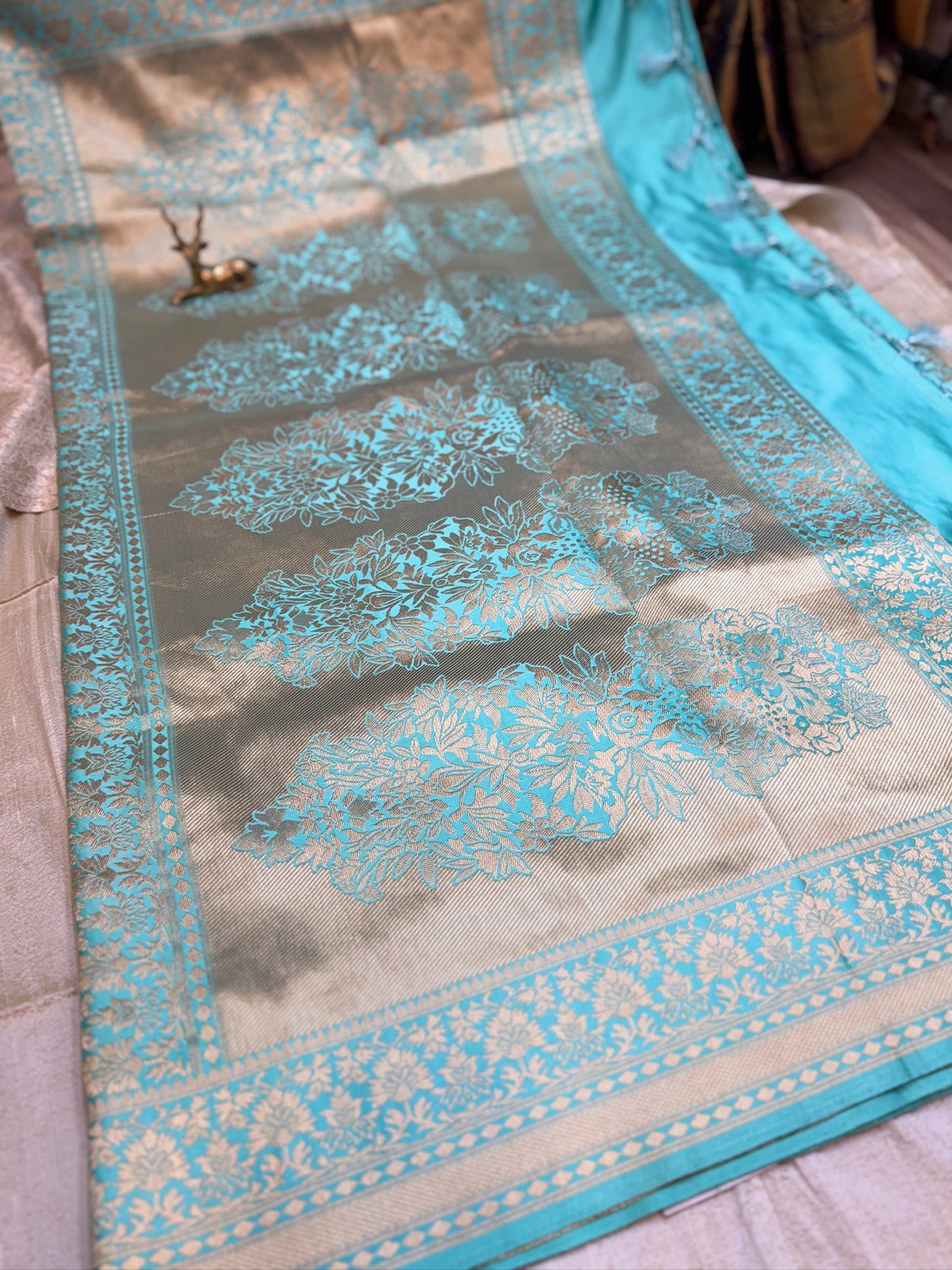 Banarasi Satin Mushru Silk Saree with Floral Butta | Cyan