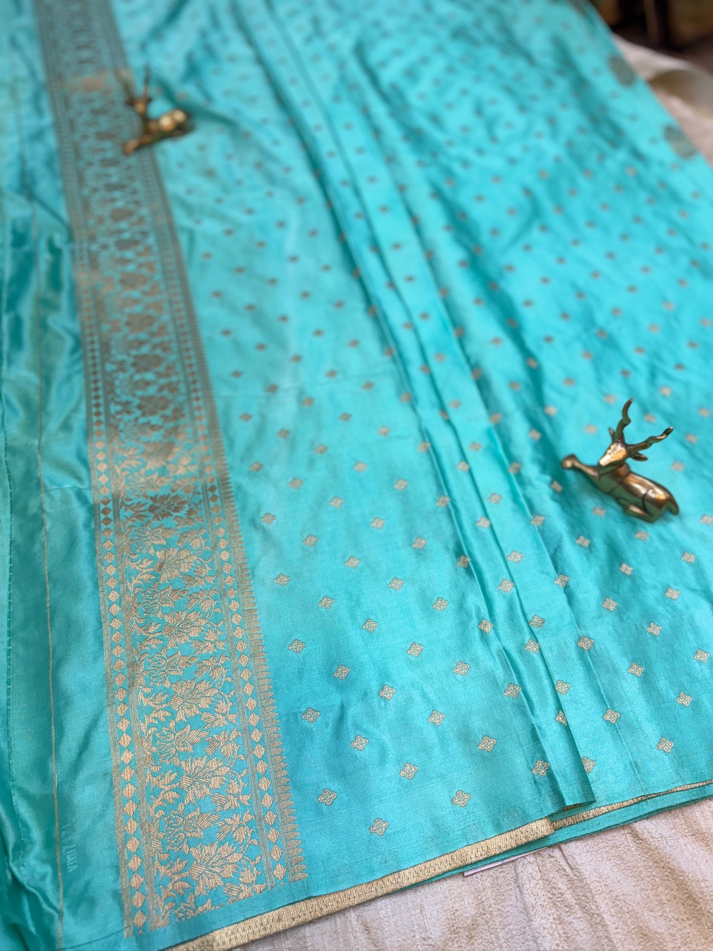 Banarasi Satin Mushru Silk Saree with Floral Butta | Cyan