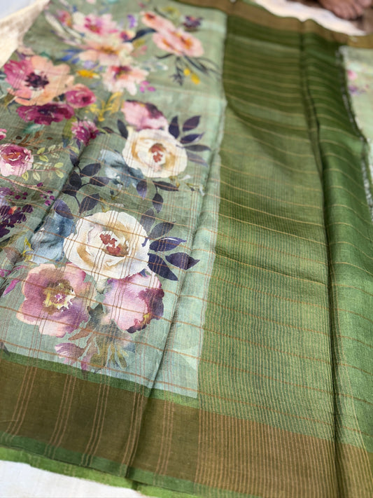 Pure Tusar Silk Saree with Big Floral design and Checks | Green