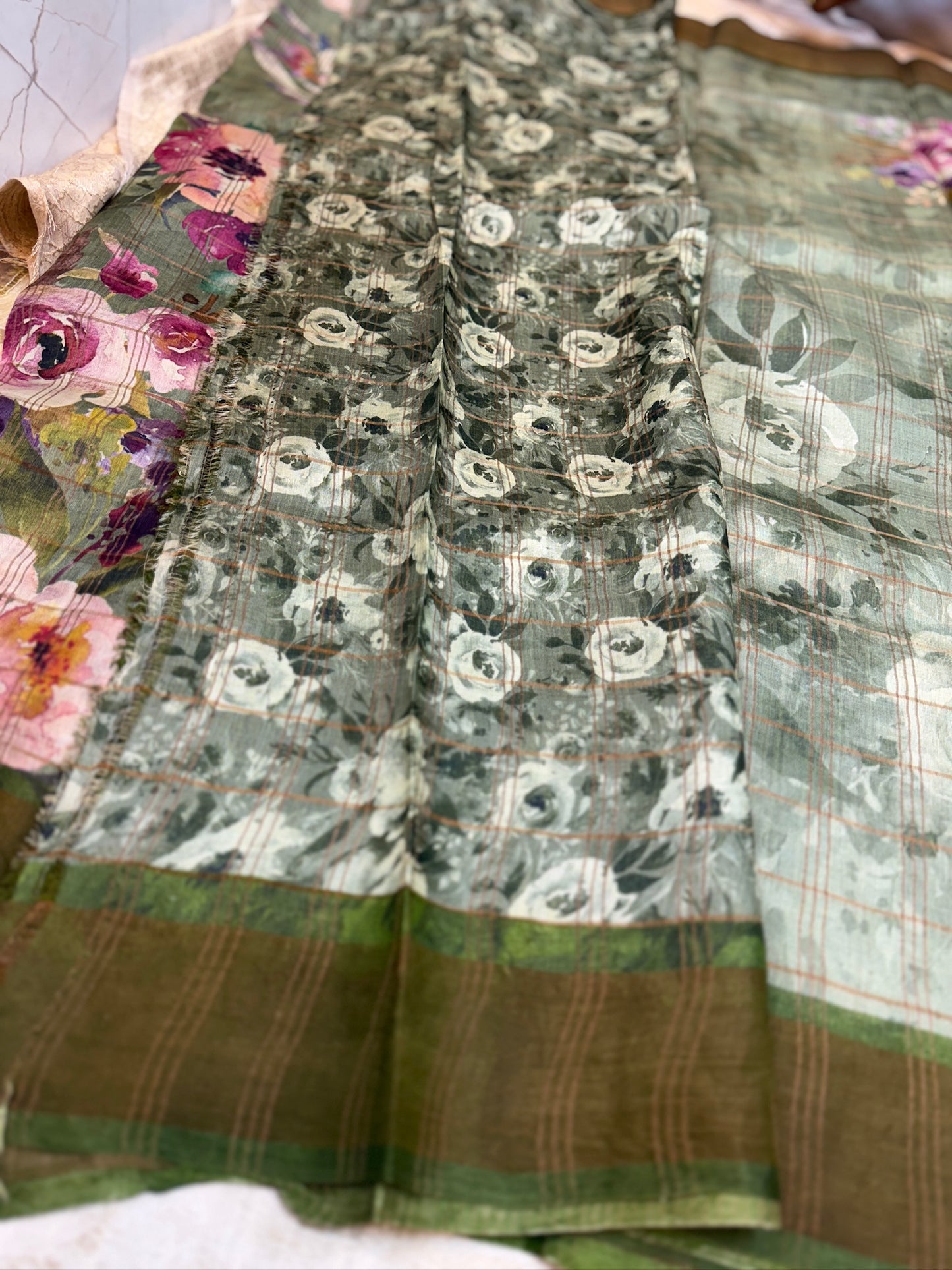 Pure Tusar Silk Saree with Big Floral design and Checks | Green