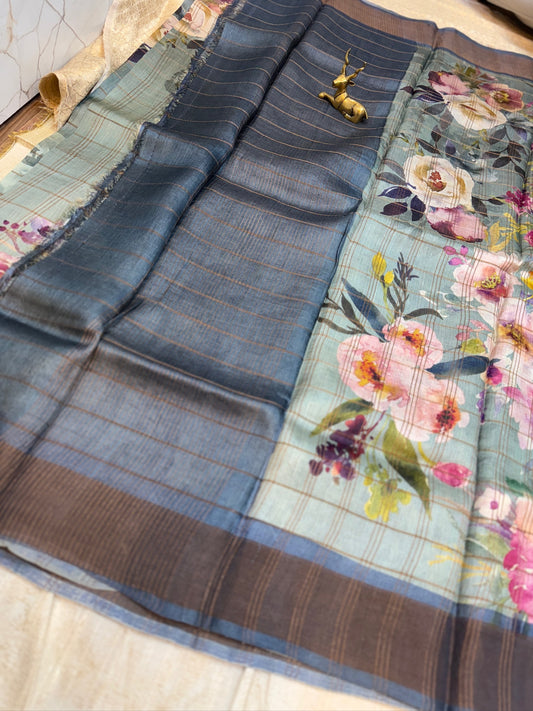 Pure Tussar Silk Saree with Big floral design and Checks | Grey