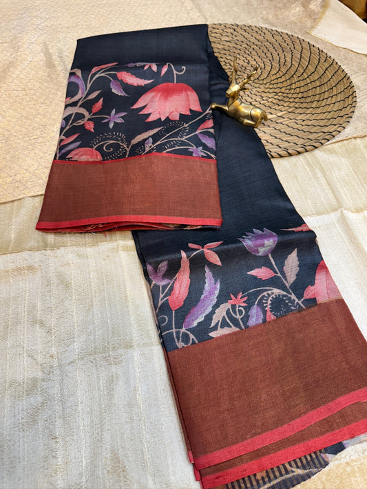 Tussar Silk Saree with Floral design | Blue