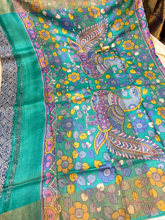 Tussar Silk Saree with green border | Blue