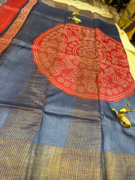 Tussar Silk Saree with Red border | Blue