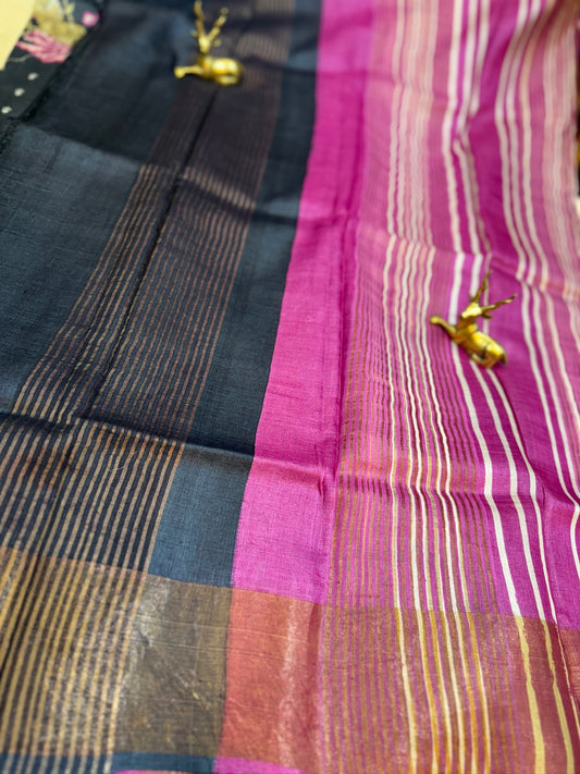 Tussar Silk Saree with Floral Design | Navy Blue with Pink border