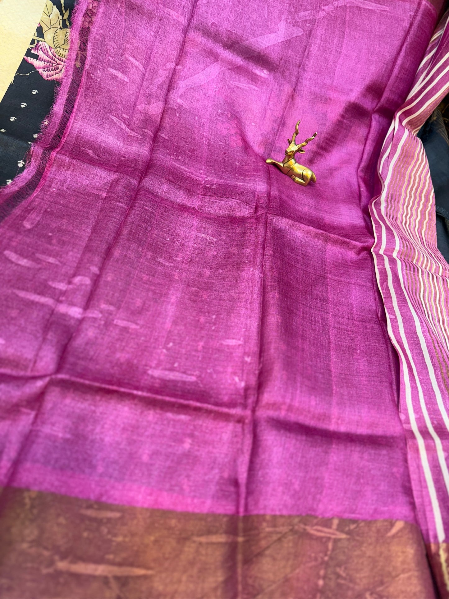 Tussar Silk Saree with Floral Design | Navy Blue with Pink border
