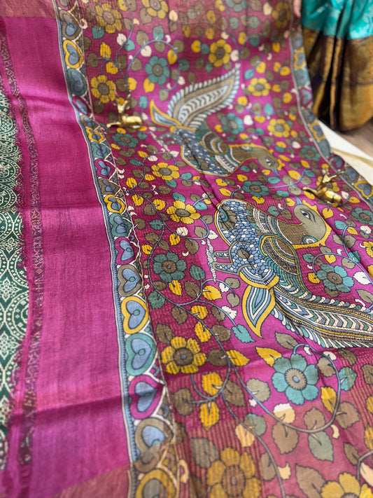 Tussar Silk Saree | Green with Pink border