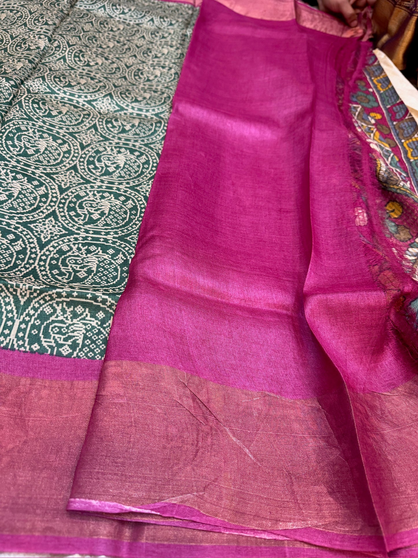 Tussar Silk Saree | Green with Pink border