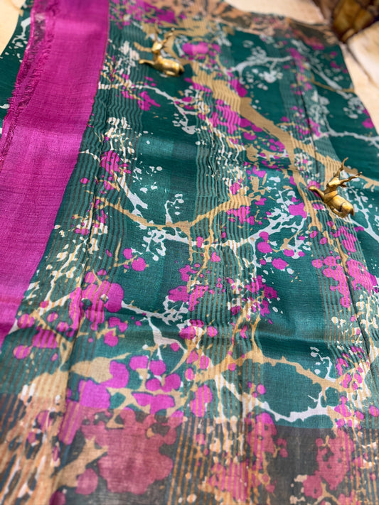 Tussar Silk Saree with splatter design | Green with Pink Border