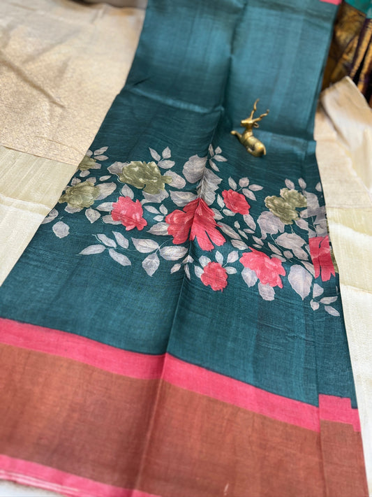 Tussar Silk Saree with Big Floral Design | Green with Red border