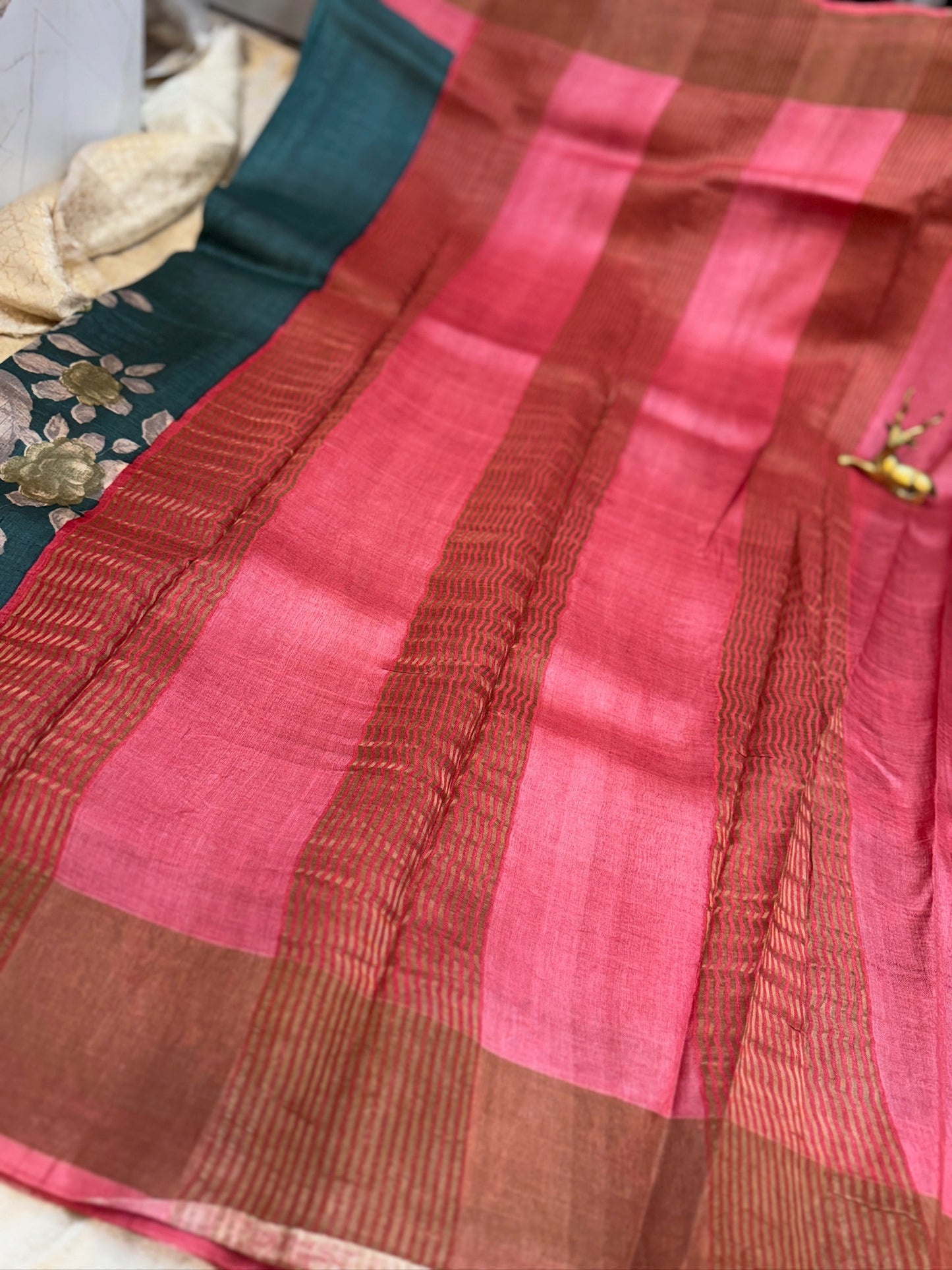 Tussar Silk Saree with Big Floral Design | Green with Red border