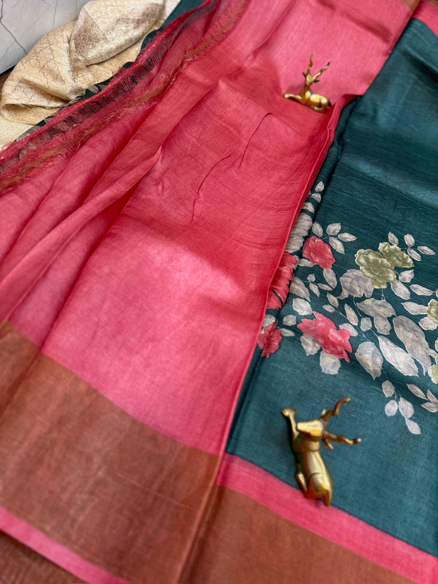 Tussar Silk Saree with Big Floral Design | Green with Red border