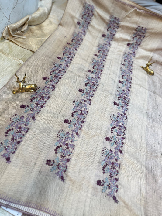 Tussar silk Saree with Hand Embroidery | Pink