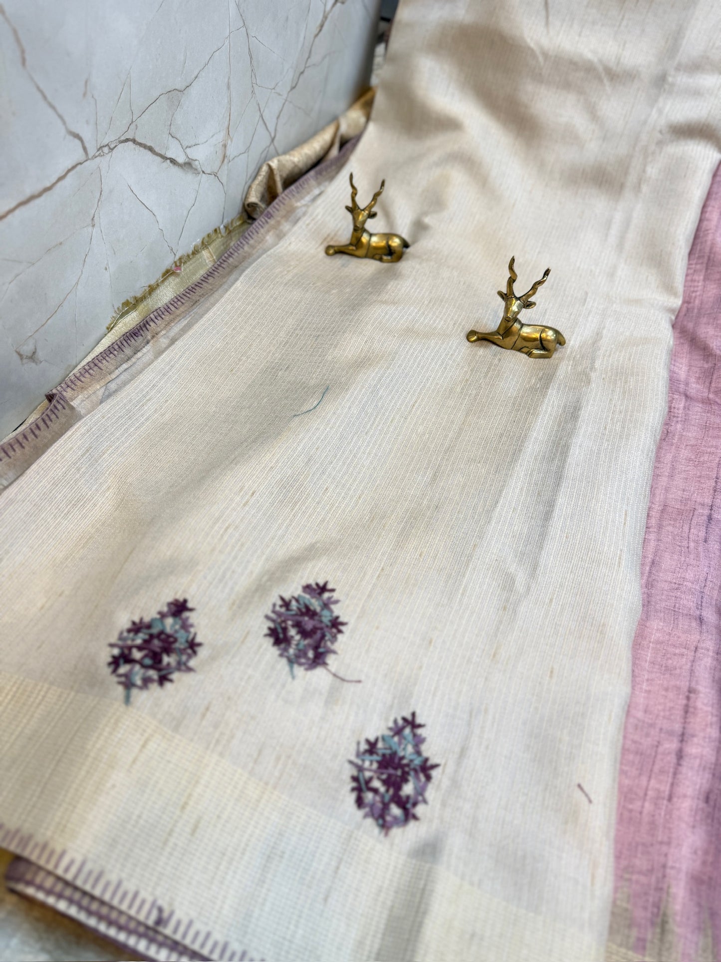 Tussar silk Saree with Hand Embroidery | Pink