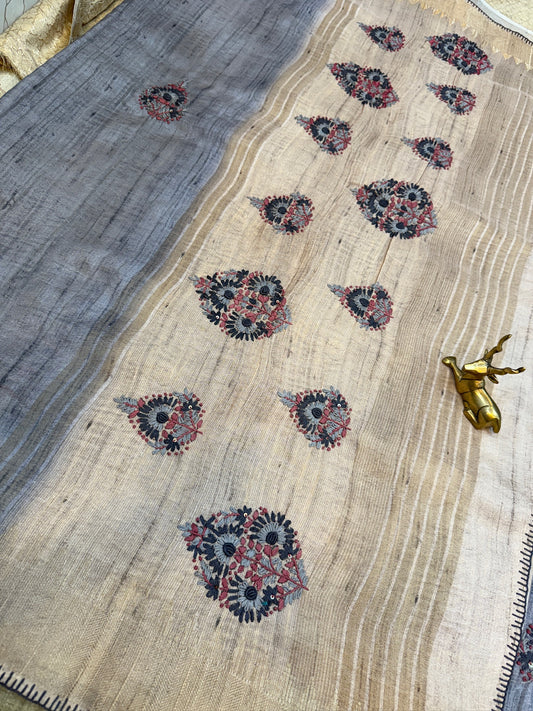 Tussar Silk Saree with Hand Embroidery | Grey