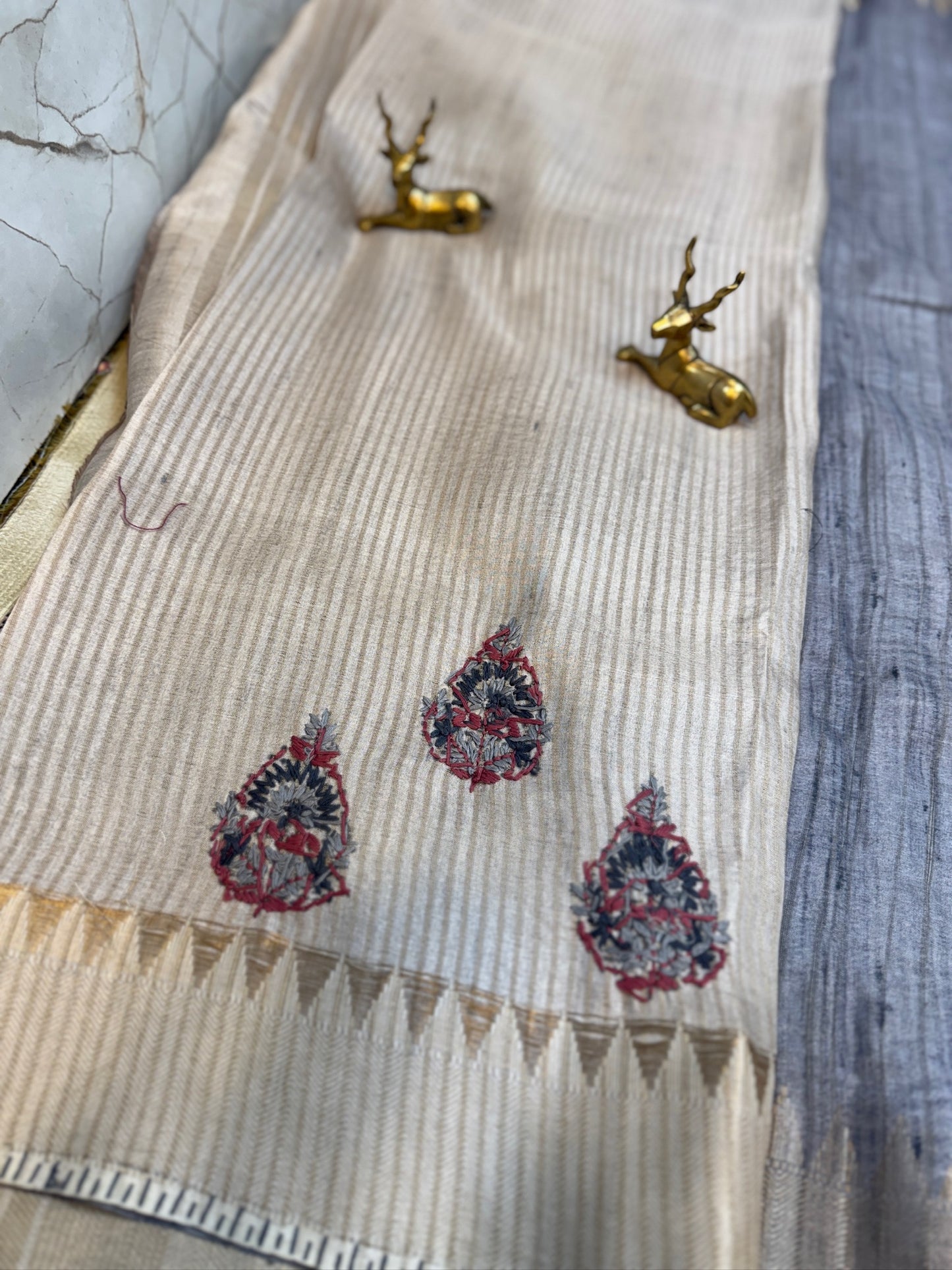 Tussar Silk Saree with Hand Embroidery | Grey