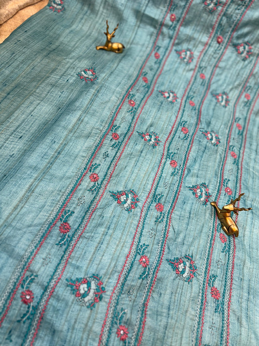 Tussar Silk Saree with Hand Embroidery | Blue