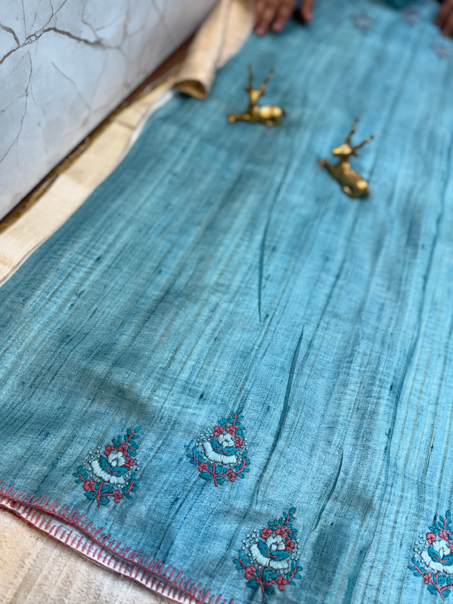 Tussar Silk Saree with Hand Embroidery | Blue