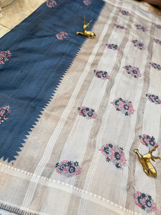 Tussar Silk Saree with Hand Embroidery | Dark Grey