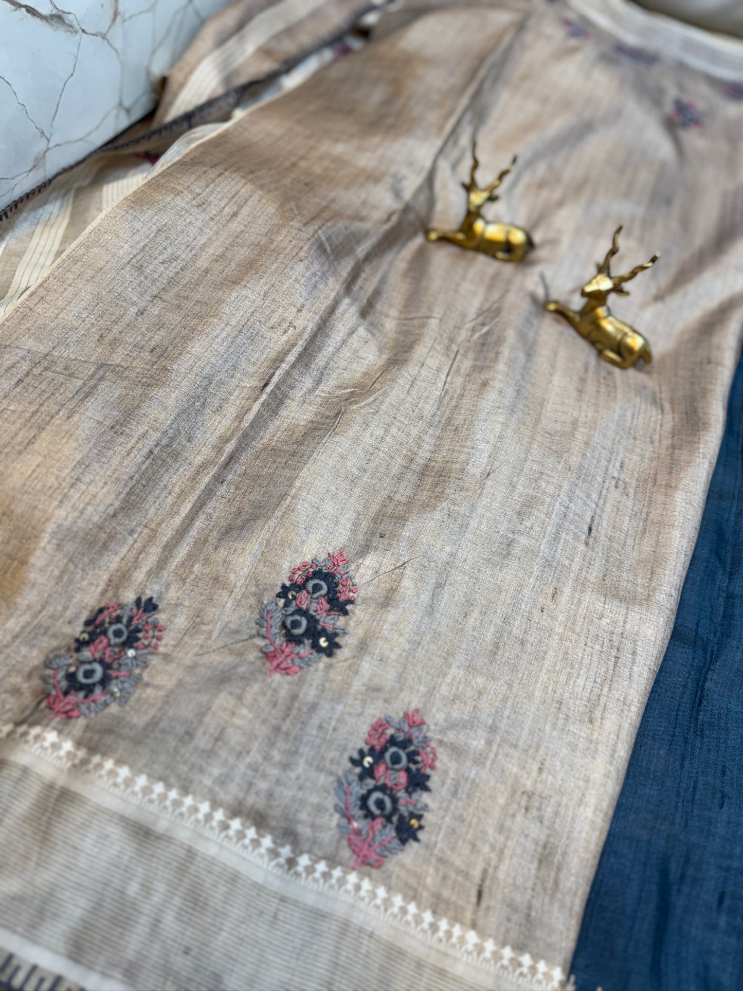 Tussar Silk Saree with Hand Embroidery | Dark Grey