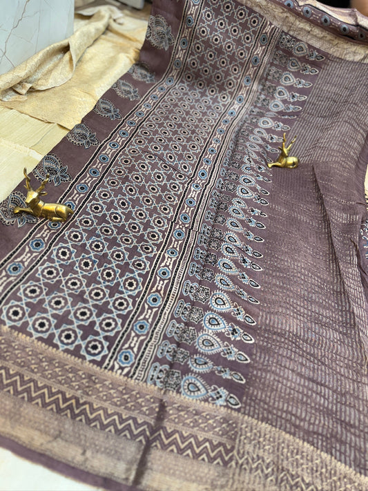 Dola Silk Saree with Ajrak Print | Purple
