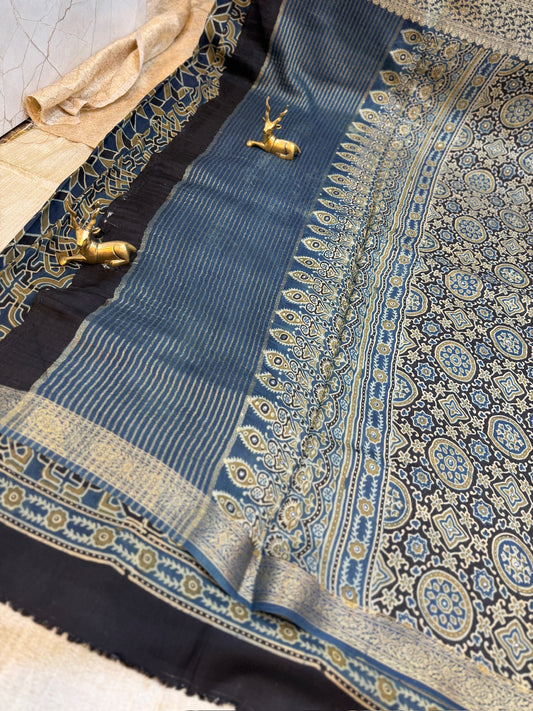 Dola Silk Saree with Ajrak Print | Blue