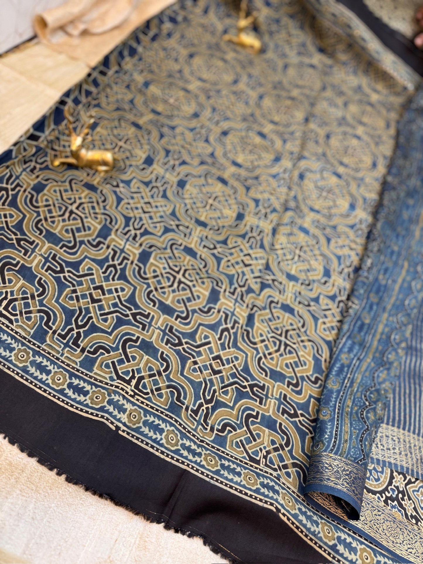 Dola Silk Saree with Ajrak Print | Blue