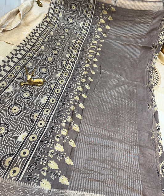 Dola Silk Saree with Ajrak Print | Grey