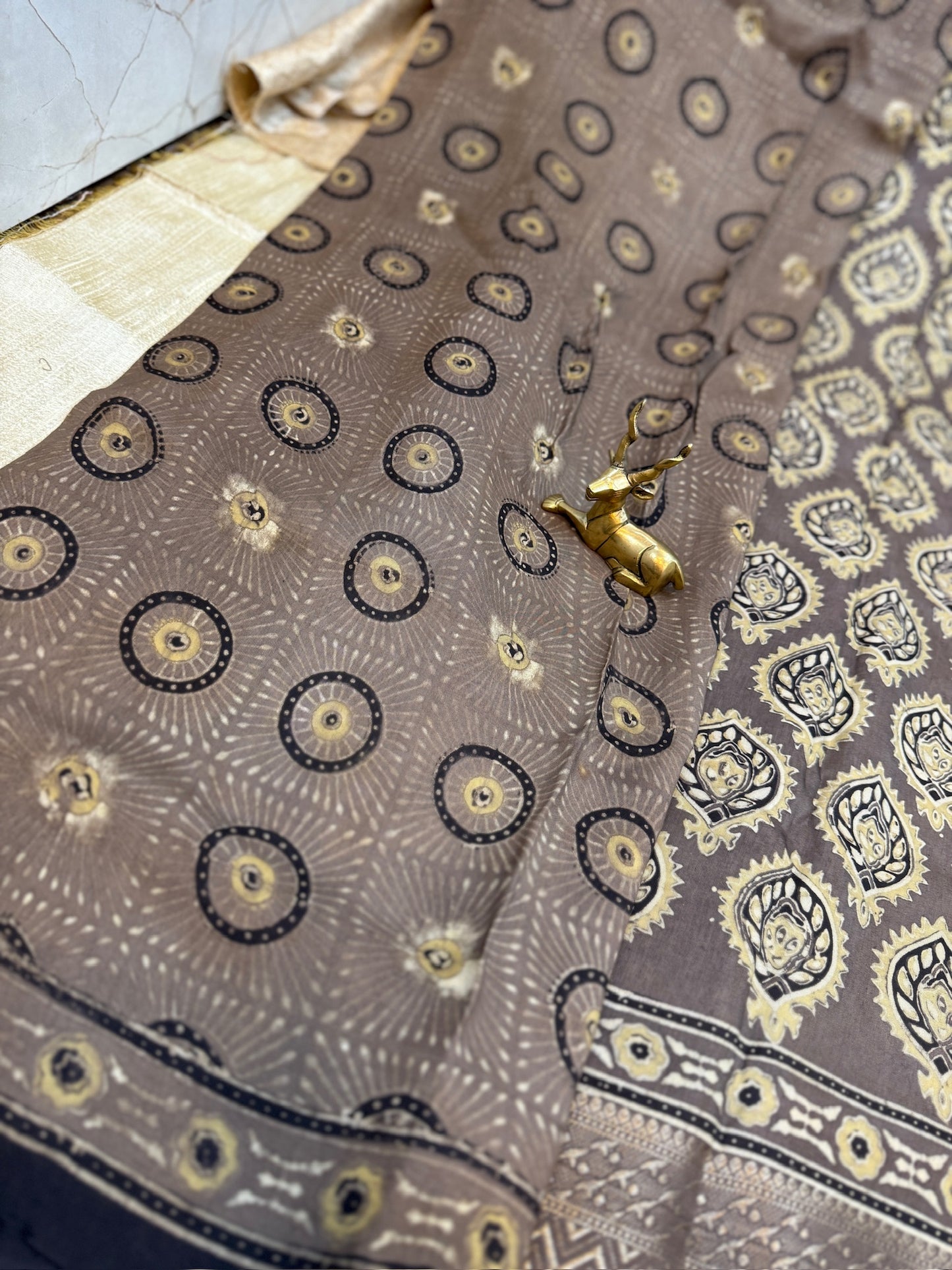 Dola Silk Saree with Ajrak Print | Grey