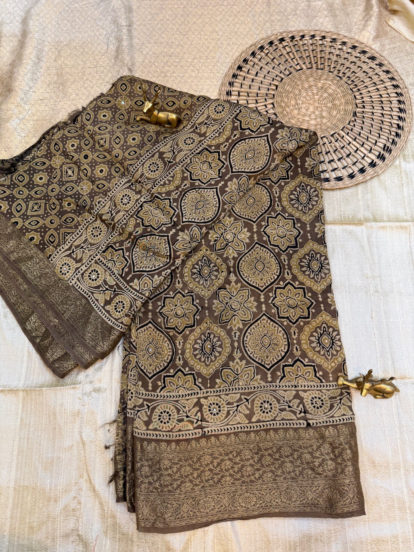 Dola Silk Saree with Ajrak Print | Brown