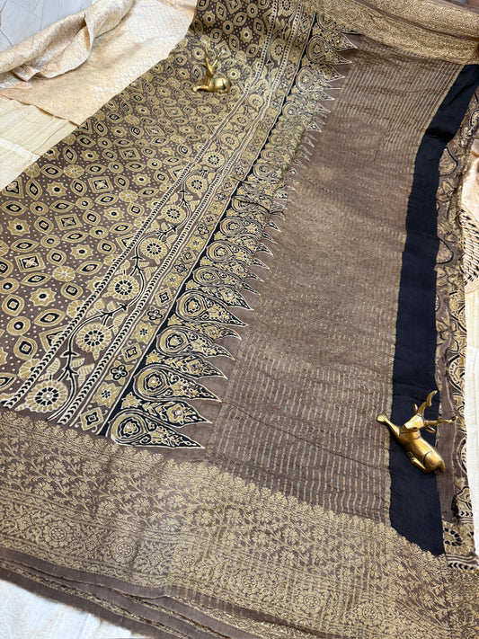 Dola Silk Saree with Ajrak Print | Brown
