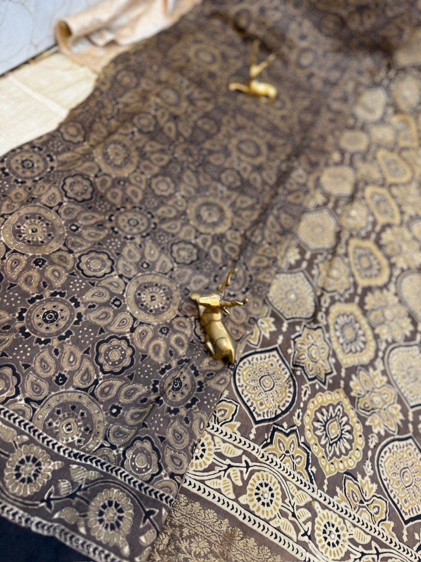 Dola Silk Saree with Ajrak Print | Brown
