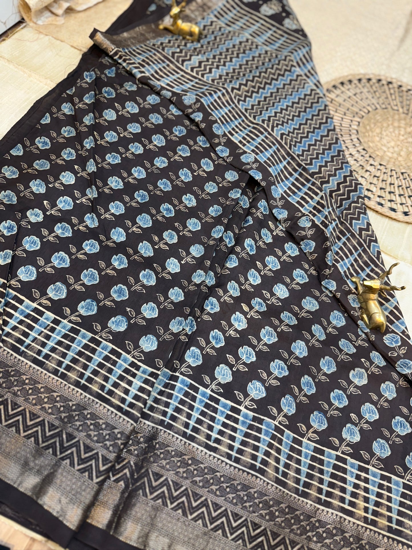 Dola Silk Saree with Ajrak Print | Black with flower butta