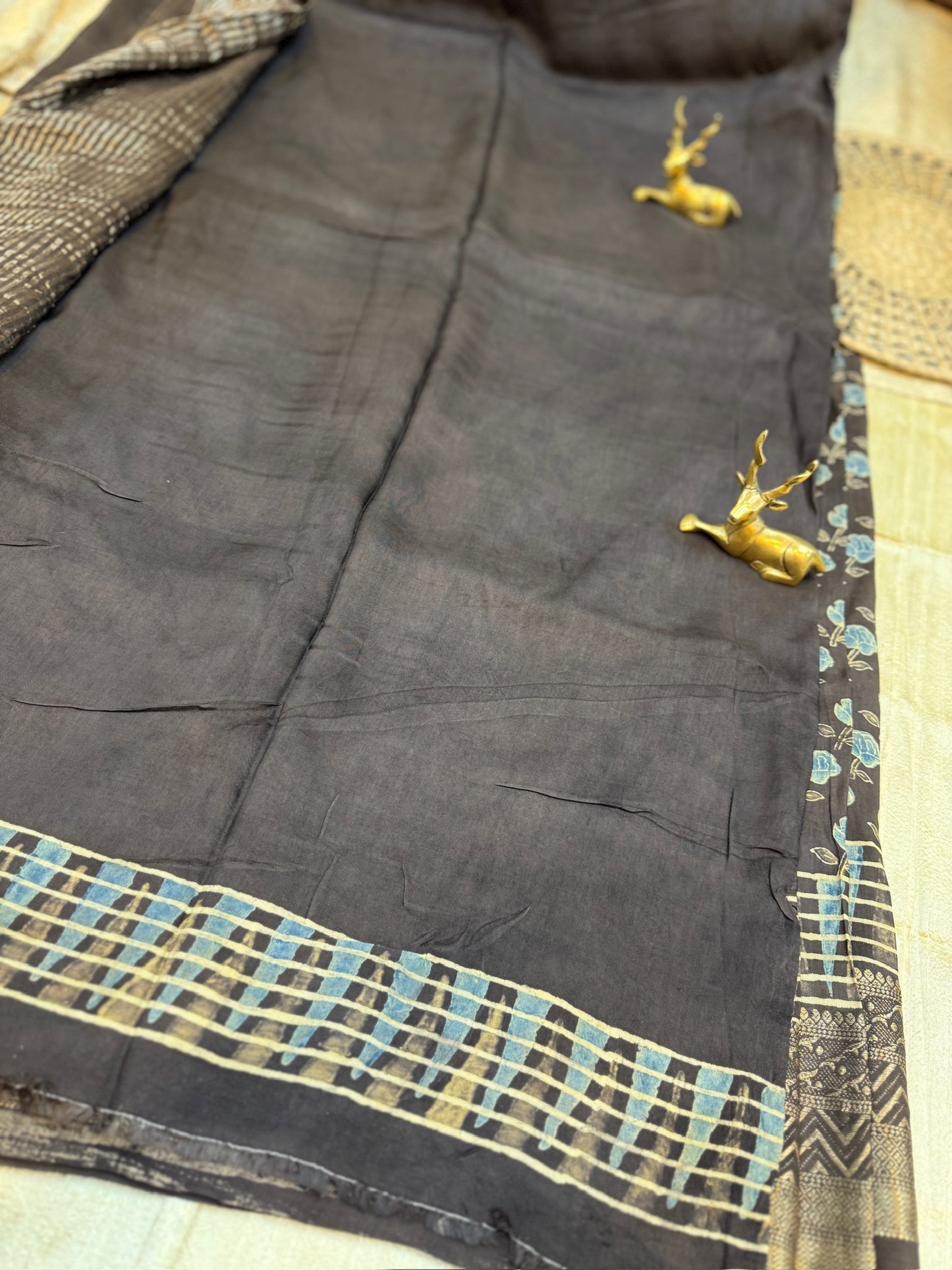 Dola Silk Saree with Ajrak Print | Black with flower butta