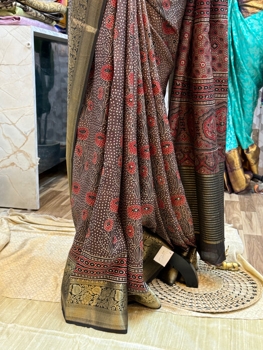 Dola Silk Saree with Ajrak Print | Brown With floral buttas