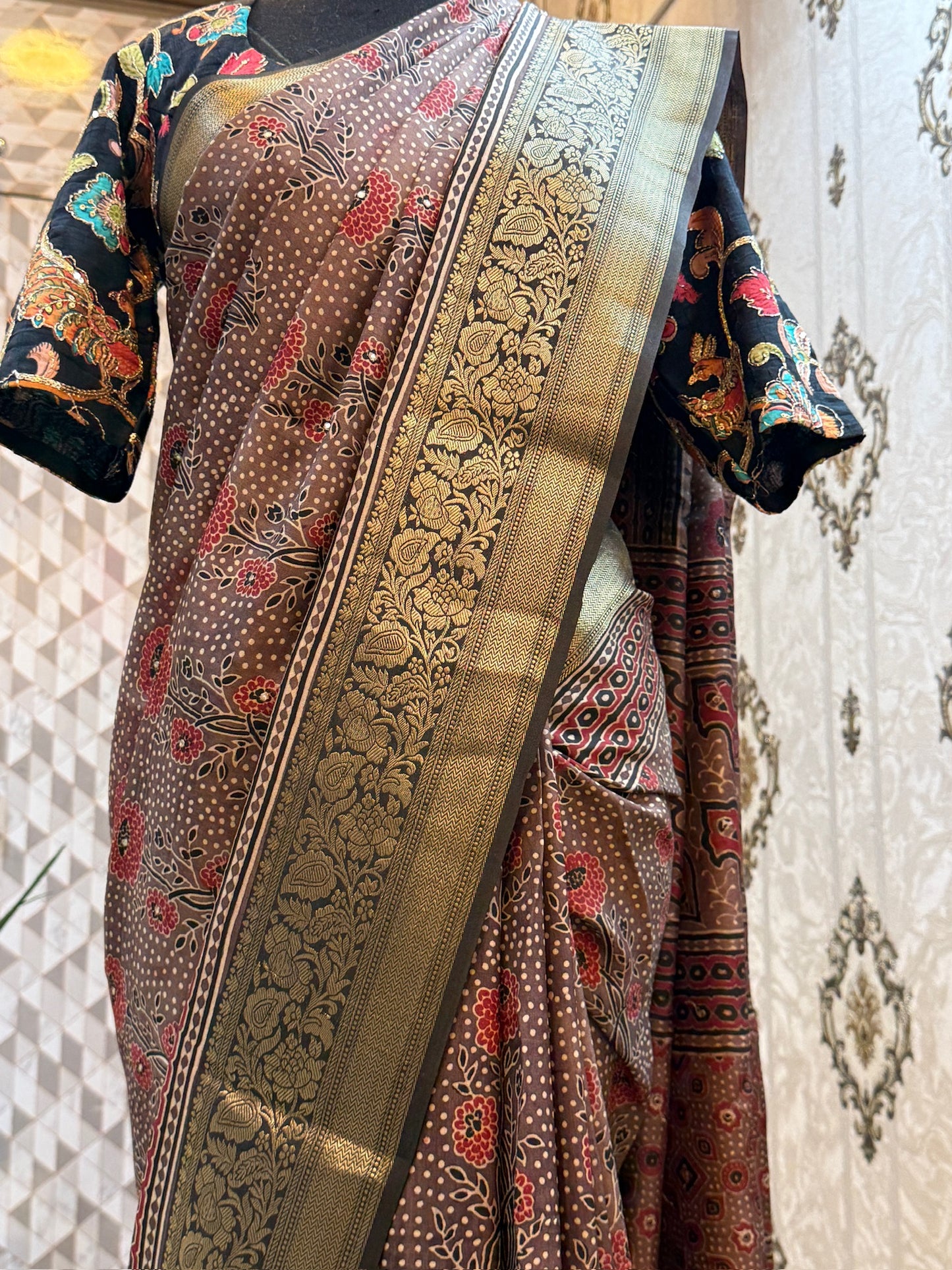 Dola Silk Saree with Ajrak Print | Brown With floral buttas