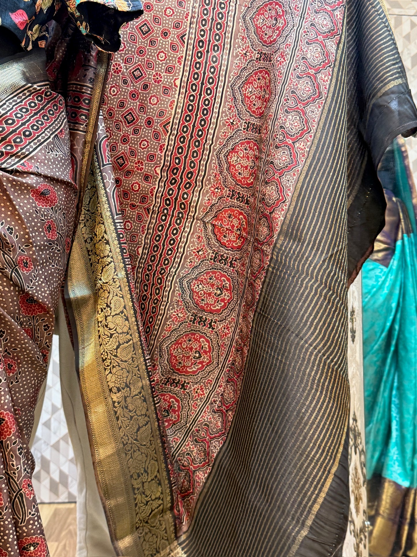 Dola Silk Saree with Ajrak Print | Brown With floral buttas