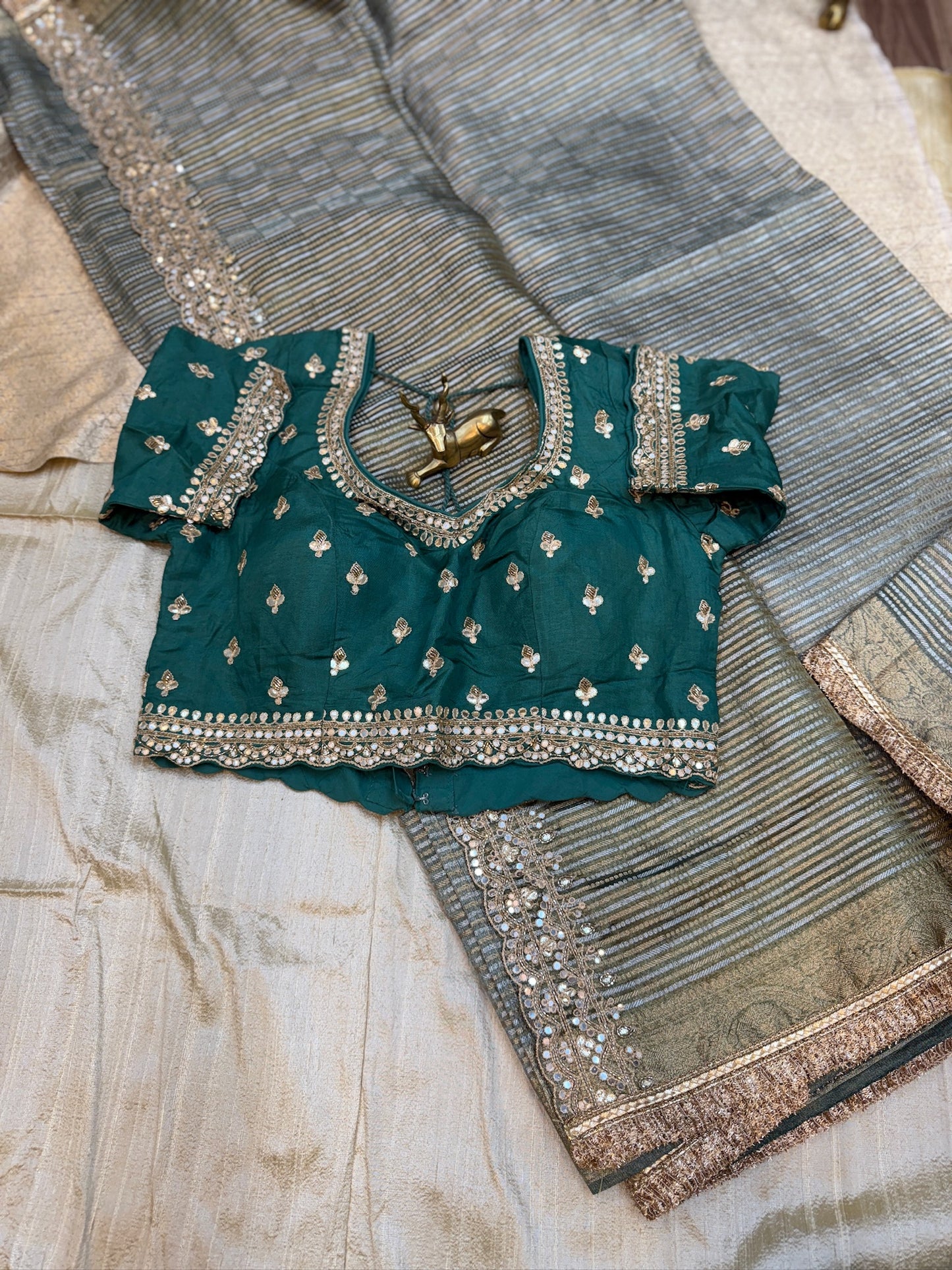 Pure Tissue Fancy Saree with Ready Blouse | Green and gold stripes