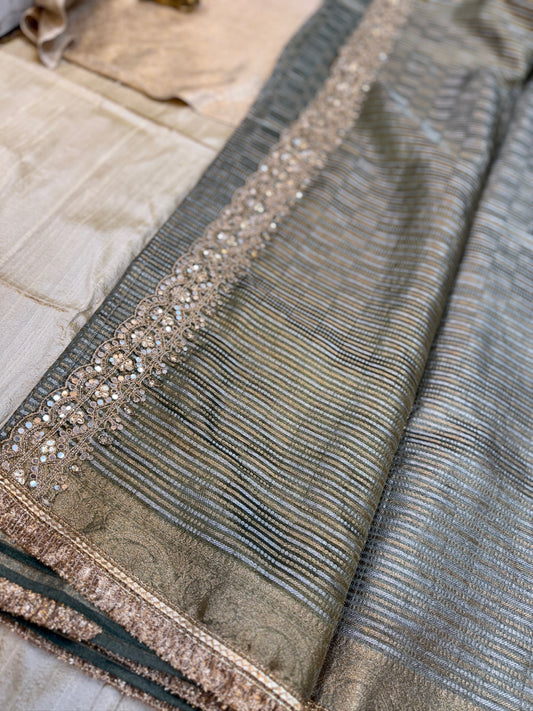 Pure Tissue Fancy Saree with Ready Blouse | Green and gold stripes