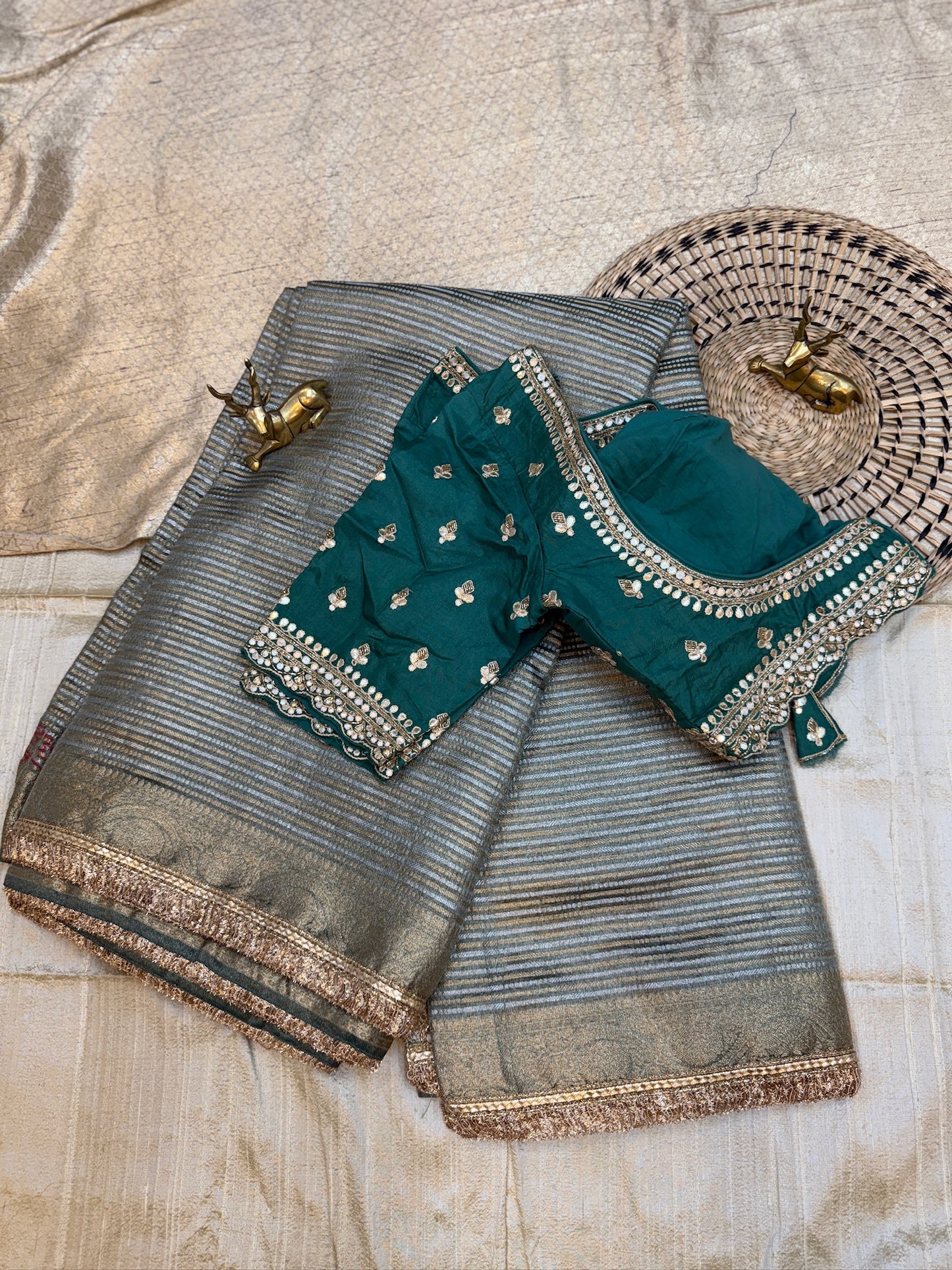 Pure Tissue Fancy Saree with Ready Blouse | Green and gold stripes