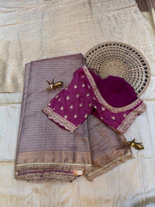 Pure Tissue Fancy Saree with Readymade Blouse | Pink with golden stripes