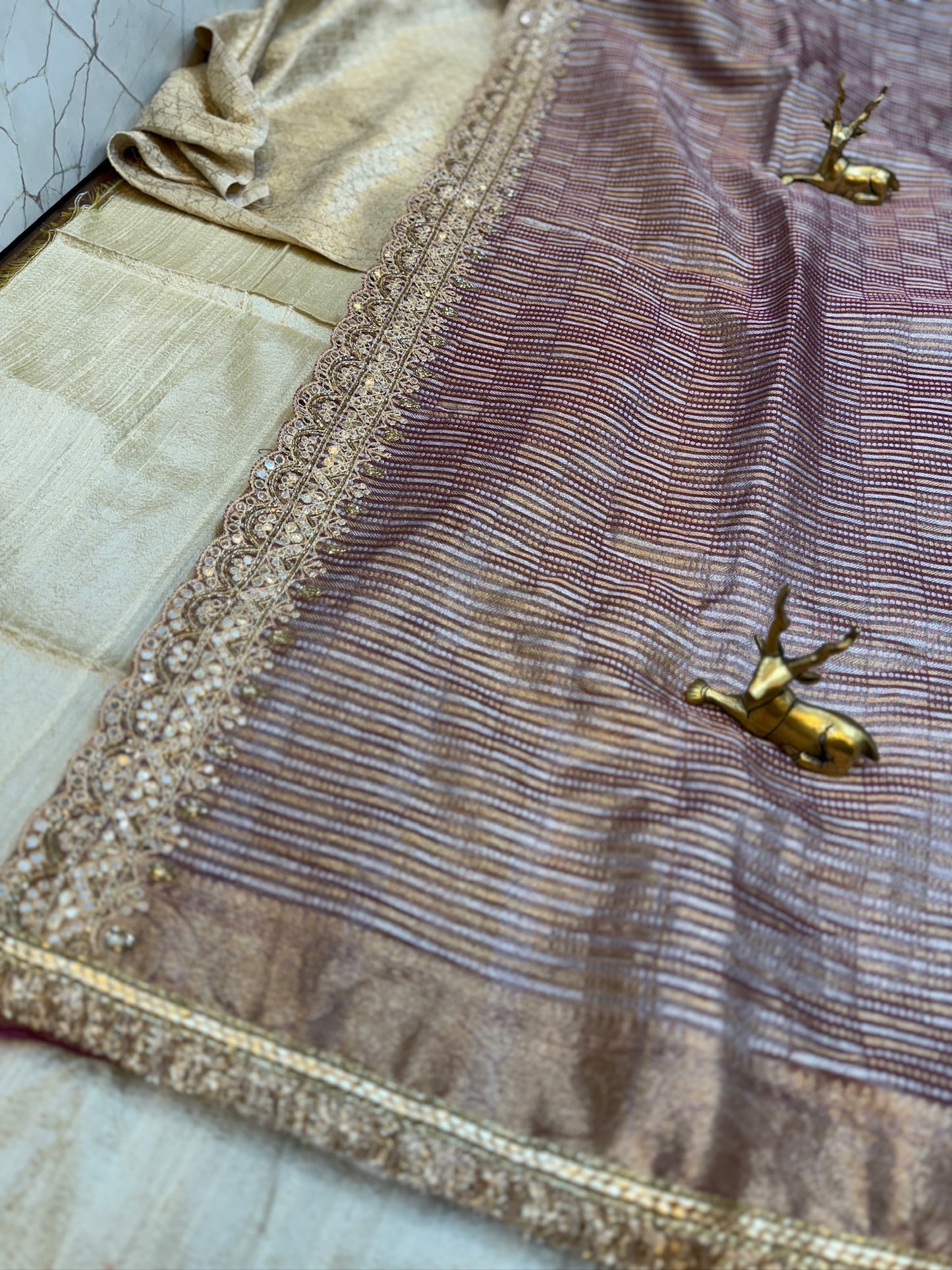 Pure Tissue Fancy Saree with Readymade Blouse | Pink with golden stripes