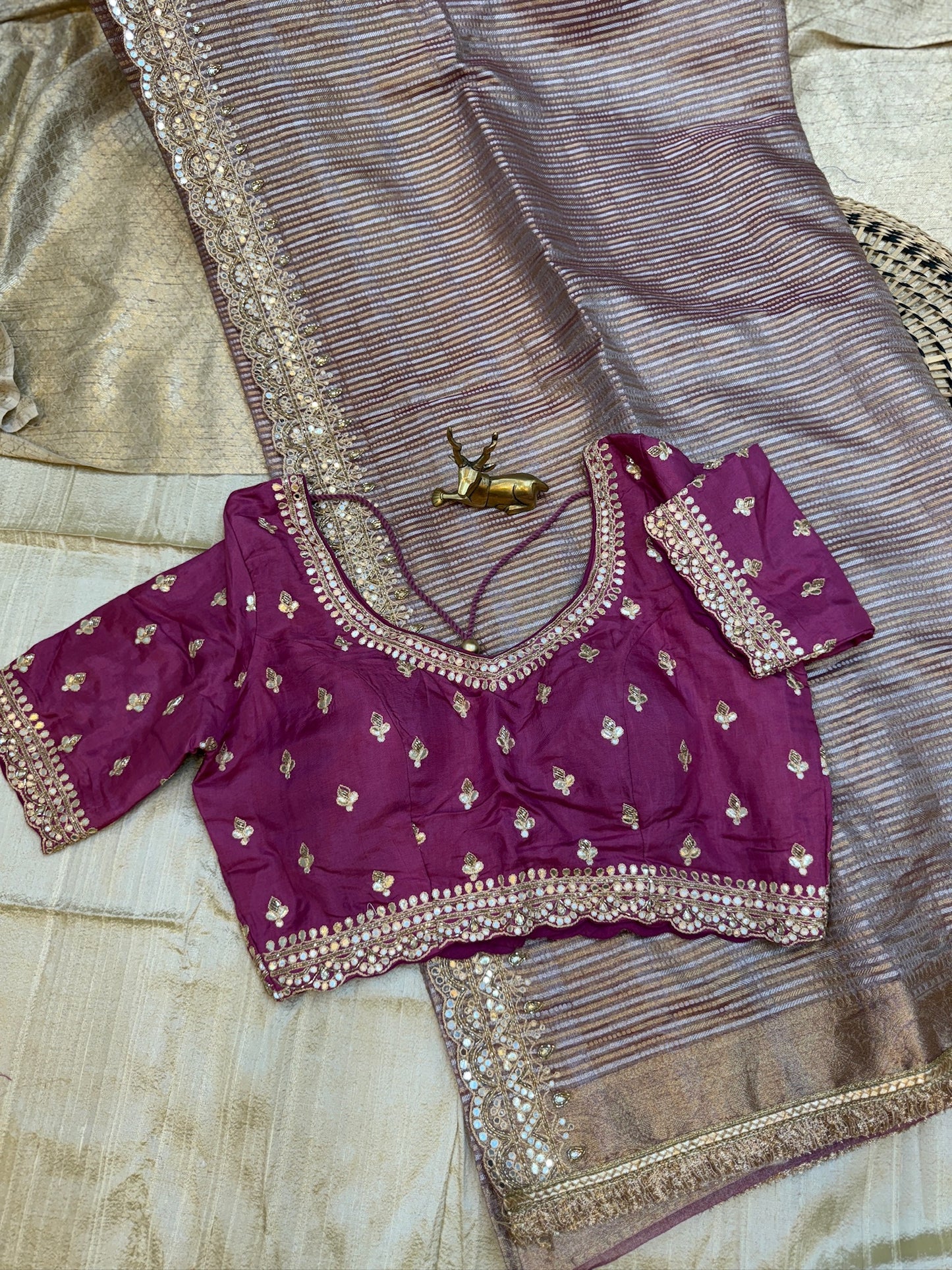 Pure Tissue Fancy Saree with Readymade Blouse | Pink with golden stripes