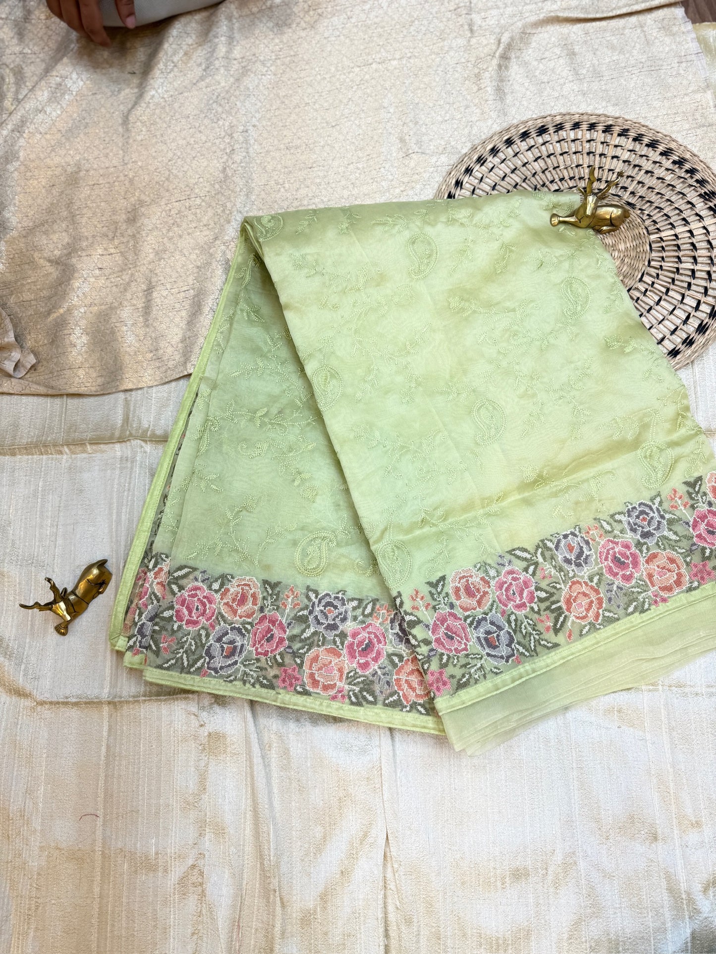 Pure Organza Saree with Embroidery | Pista Green