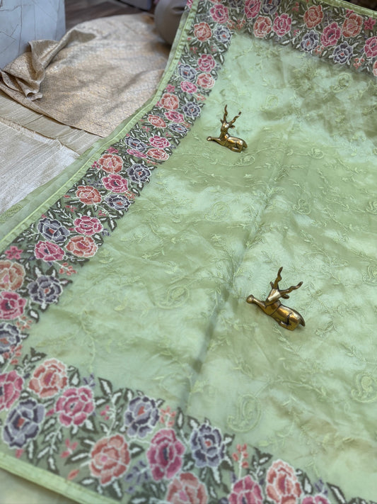 Pure Organza Saree with Embroidery | Pista Green