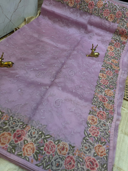 Pure Organza Saree with Embroidery | Lavender